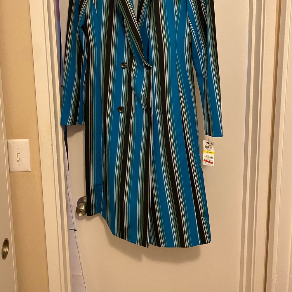 INC International Concepts Teal and Black Striped Trench Coat-long